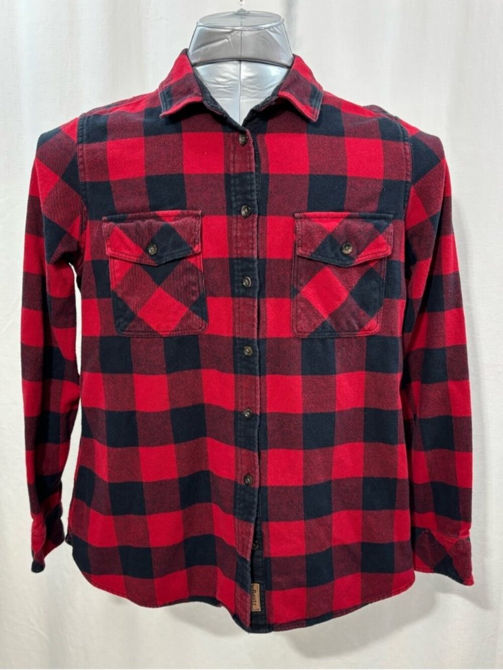 Roots Red Black Buffalo Plaid Button Down Flannel w/Elbow Patches LG 396 retro